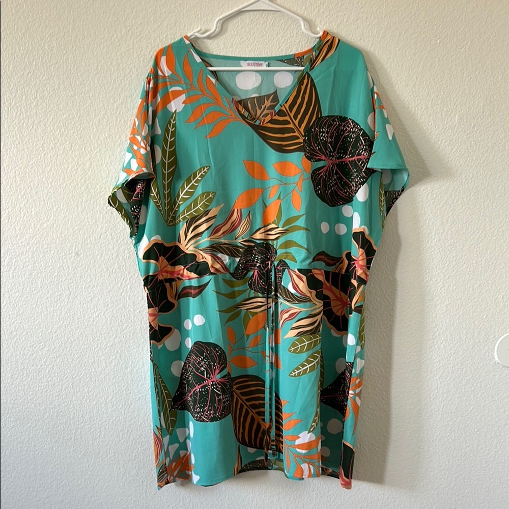 Blue and Brown V-neck Sundress with Short Dolman Sleeves for Casual Resort Wear